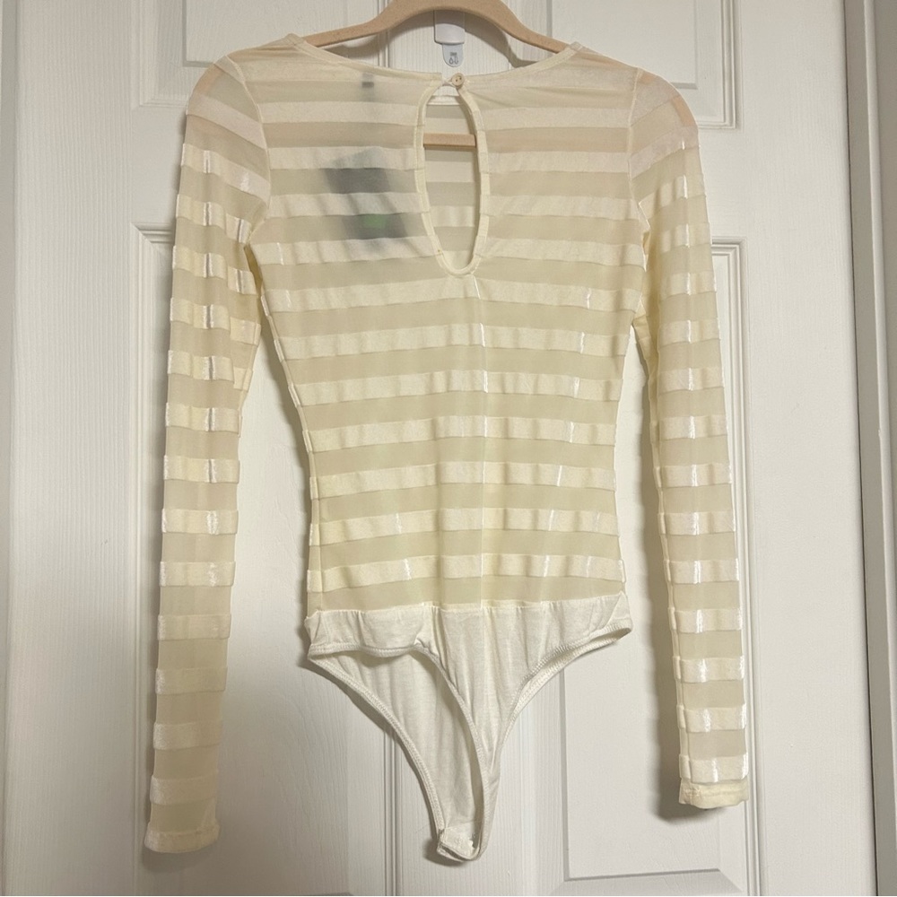 New Touchdolls Blanc white velvet‎ sheer mesh longsleeve thong bodysuit small.
